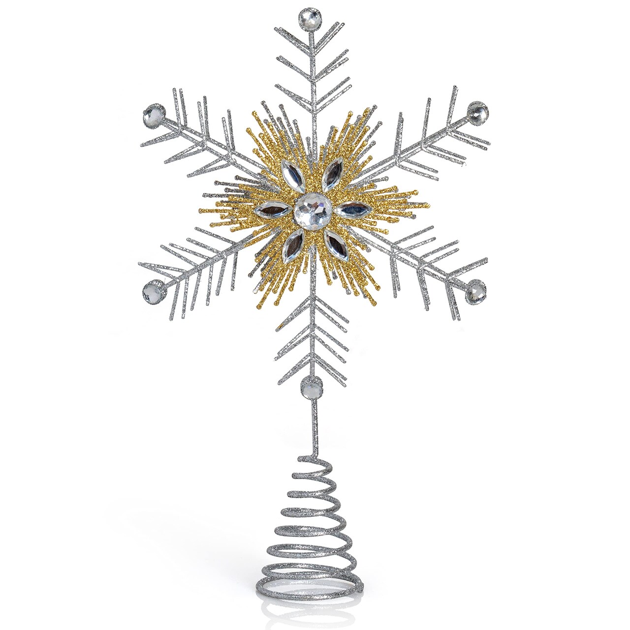 Ornativity Glitter Snowflake Tree Topper – Silver and Gold Bare Branches Styled Sparkling Gem Detailed Christmas Star Tree Top Ornament Decorations